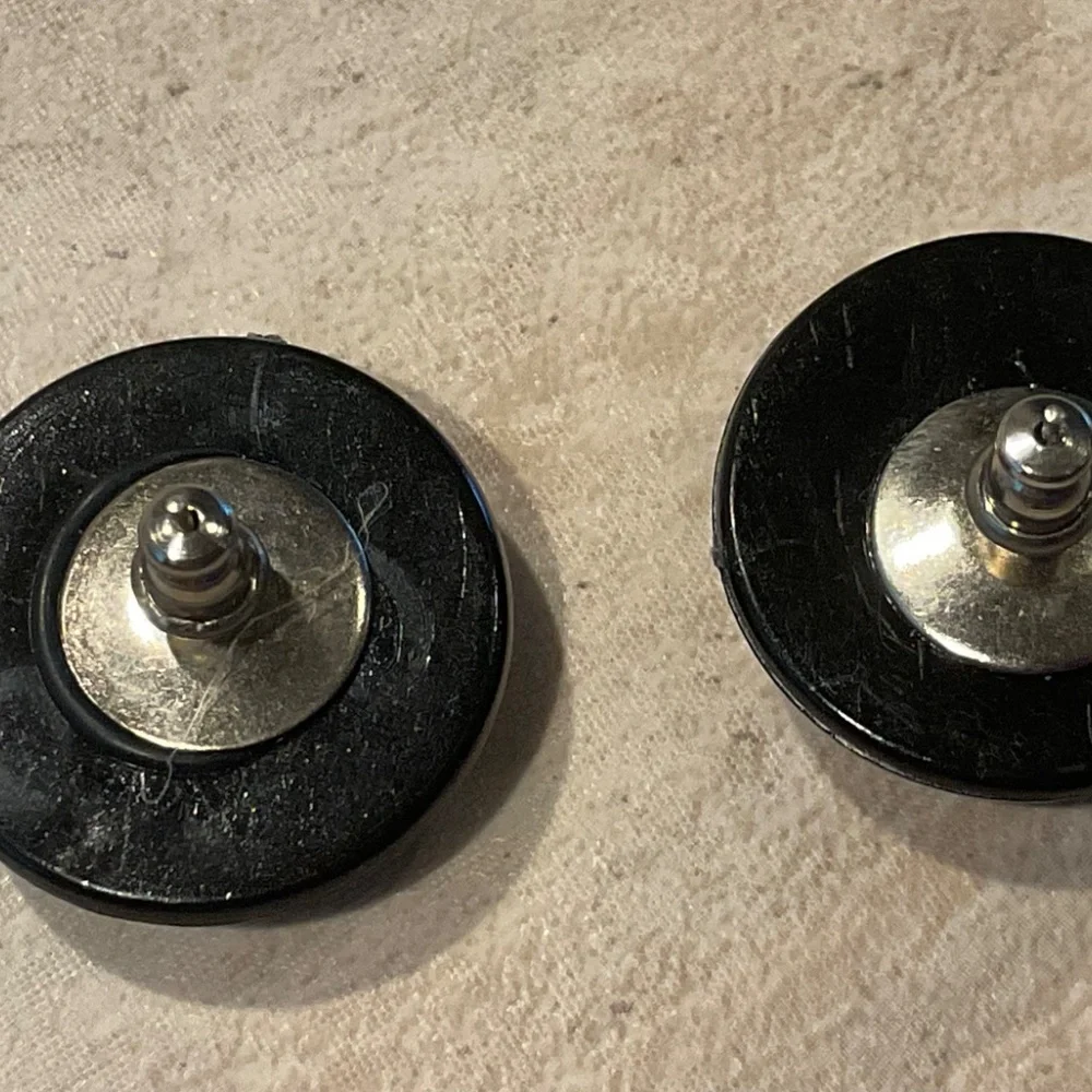 Vintage Black Button Pierced Earrings Wave Design 1” diameter